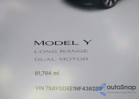 2022 Tesla Model Y Long Range Dual Motor All-Wheel Drive z USA, uszkodzony, nr VIN 7SAYGDEE1NF438239